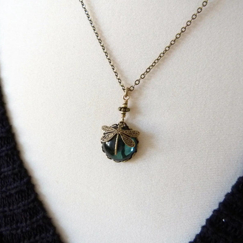 Wholesale Bohemian Retro Dragonfly Green Crystal Pendant Necklace